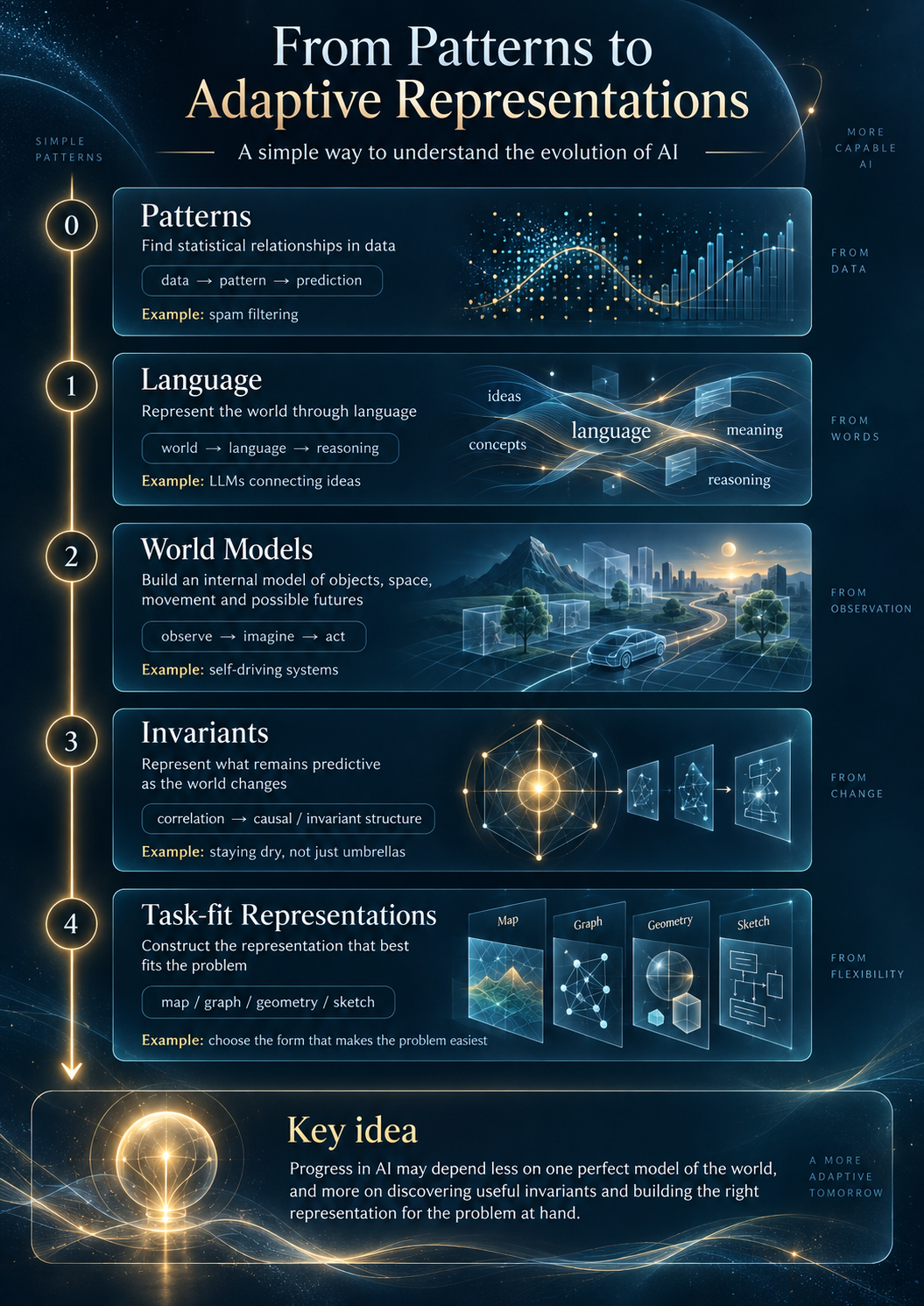 Five approaches to AI representation: statistical patterns, language, world models, invariants that remain useful through change, and representations chosen for the task. The full explanation follows in the article.